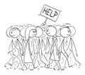 Vector Cartoon Illustration of Anonymous Crowd of People Walking on Street, Hand Sticking Out With Help Sign