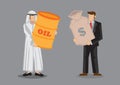 Arab Man and Businessman Exchange Oil for Money Cartoon Vector Illustration Royalty Free Stock Photo
