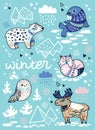 Winter greeting card with cartoon north animals, geometric iceberg and mountains. Holiday vector illustration Royalty Free Stock Photo