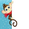 Vector cartoon illustration of a baby monkey holding a vertical white banner.