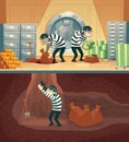 Vector bank vault robbery by thieves, criminals Royalty Free Stock Photo