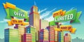 Horizontal vector cartoon illustration, banner, urban background with city landscape