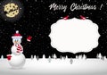 Vector cartoon illustration of beautiful christmas night landscape with santa sleigh silhouete and snowman. Royalty Free Stock Photo