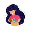 Vector cartoon illustration of Beautiful mother breastfeeds her baby child holding him in hands. Breastfeeding illustration.