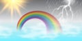 Vector cartoon illustration of a beautiful summer landscape with sun , rainbow , rain, thunder.