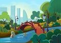 Vector cartoon illustration of a beautiful summer public city park with bridge and river in the sunrise morning. Game Royalty Free Stock Photo
