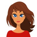 Vector cartoon illustration of a beautiful woman portrait with long brown hair and red dress. Top-model girl Royalty Free Stock Photo