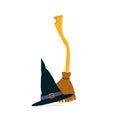 Vector cartoon illustration: Besom or Witch twig Broom and wizard hat isolated.