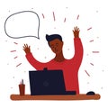 Vector cartoon illustration of black african boy blogging in internet, learn or playing game. Some exclamation mark around him and