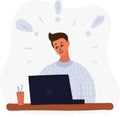 Vector cartoon illustration of boy blogging in internet, learn or playing game. Some exclamation mark around her. E-learning,