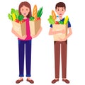 Vector cartoon illustration with boy and girl holding paper grocery bags with healthy food isolated on white background Royalty Free Stock Photo
