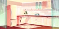 Vector cartoon bright kitchen in pink colors