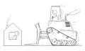 Vector Cartoon Illustration of Bulldozer Moving To Demolish Small Family House