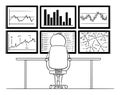 Vector Cartoon Illustration of Businessman Sitting in Front of Six Computer Monitors Mounted on Wall and Analyzing Royalty Free Stock Photo