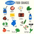 Vector cartoon illustration of calcium food sources. Infographic elements