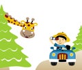 Vector cartoon illustration of car driver meet with giraffe in jungle