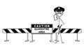 Vector Cartoon Illustration of Caution Quarantine Area Roadblock and Policeman Wearing Face Mask and Showing Stop