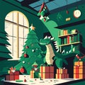 Vector cartoon illustration of a Christmas room with a green tree, a fireplace, a bookcase, gifts and a dragon. generative AI Royalty Free Stock Photo