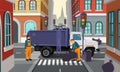 Vector cartoon city crossroad with garbage truck Royalty Free Stock Photo