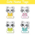 Vector cartoon illustration with colorful cute raccoon girls suitable for kid name tag