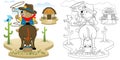 Vector cartoon illustration, coloring book of bear in cowboy costume with lasso riding horse, bird perch on cactus, wild west Royalty Free Stock Photo