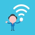 Vector illustration concept of businessman character holding wireless wifi symbols on blue background