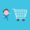 Vector illustration concept of businessman character running away from shopping cart on blue background Royalty Free Stock Photo