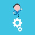 Vector illustration concept of businessman character running on spinning gears on blue background