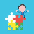Vector illustration concept of businessman character sitting on four connected jigsaw puzzle pieces on blue background Royalty Free Stock Photo