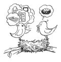 Vector Cartoon Illustration of Couple of Birds Sitting on Nest, Female Bird is not Satisfied and Demanding More Property Royalty Free Stock Photo