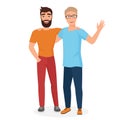 Vector cartoon illustration of couple boy males best friends isolated. Happy teenagers guys in a friendly hug. Royalty Free Stock Photo