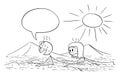 Vector Cartoon Illustration of Couple of Man and Woman Creeping or Crawling on the Hot Sand Desert on Sun, Man Is Saying