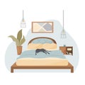 Vector cartoon illustration of a cozy modern bedroom. A double bed, a bedside table, books, a clock, a flower and a black cat. Royalty Free Stock Photo