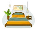 Vector cartoon illustration of a cozy modern bedroom. Double bed, bedside table, books, clock and flower. Bright colors. Royalty Free Stock Photo
