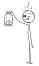 Vector Cartoon Illustration of Crazy Stupid Man Holding and Watching His Own Human Brain in Glass Jar