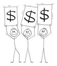 Vector Cartoon Illustration of Crowd of Three Men or Businessmen Demonstrating With Dollar Symbol Signs, Requesting More