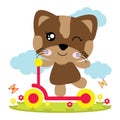 Vector cartoon illustration of cute cat girl plays scooter Royalty Free Stock Photo