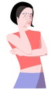 Vector cartoon illustration with cute, character woman holding her hand to face.