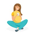 Vector cartoon illustration. Cute cheerful pregnant woman with short hair. A young girl with a smile sits with her legs