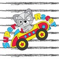 Vector cartoon illustration of cute fox boy drives race car suitable for kid t-shirt graphic design Royalty Free Stock Photo