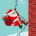 Vector cartoon illustration of cute friendly Santa Claus climbing a rope of string Christmas lights up brick wall carrying bag