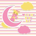 Vector cartoon illustration with cute giraffe girls on the pink moon