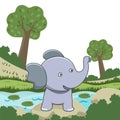 Vector cartoon illustration of cute little elephant play in jungle, T-Shirt Design for children. Creative vector childish Royalty Free Stock Photo