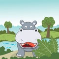 Vector cartoon illustration of cute little hippo play in jungle, T-Shirt Design for children. Creative vector childish background Royalty Free Stock Photo