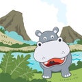 Vector cartoon illustration of cute little hippo play in jungle, Royalty Free Stock Photo