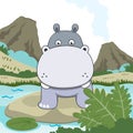 Vector cartoon illustration of cute little hippo play in jungle, T-Shirt Design for children. Creative vector childish background Royalty Free Stock Photo