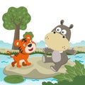 Vector cartoon illustration of cute little hippo and tiger play in jungle, Royalty Free Stock Photo