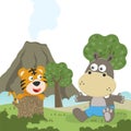 Vector cartoon illustration of cute little hippo and tiger play in jungle, Royalty Free Stock Photo