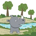 Vector cartoon illustration of cute little rhino play in jungle, Royalty Free Stock Photo