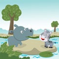 Vector cartoon illustration of cute little rhino and zebra play in jungle, T-Shirt Design for children. Creative vector childish Royalty Free Stock Photo